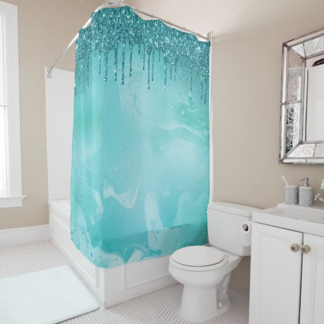 Teal Glitter Rain on Luxury Metal Marble Shower Curtain (In Situ)