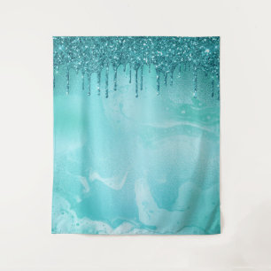 Teal Glitter Rain on Luxury Metal Marble Tapestry