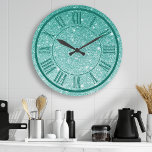 Teal Glitter Roman Numeral Sparkle Girly Large Clock<br><div class="desc">Teal Glitter Roman Numeral Sparkle Girly Large Clock</div>