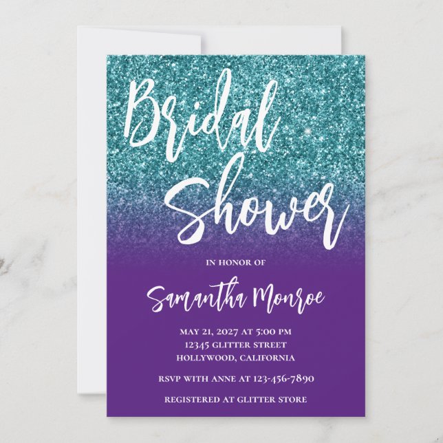 Teal Glitter Royal Purple Gradient Bridal Shower Invitation (Front)
