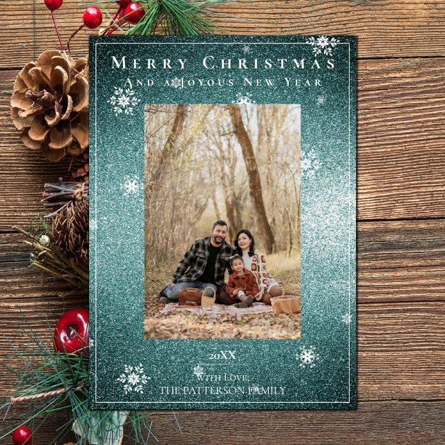 Teal Glitter Snowflakes Holiday Photo Card (Teal Glitter Snowflakes Holiday Photo Card)