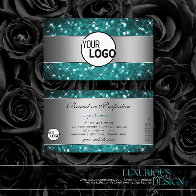 Teal Glitter Sparkle Stars Silver Decor add Logo Business Card (Creator Uploaded)