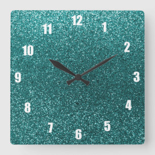 Teal glitter square wall clock