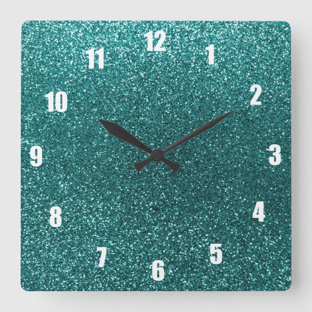 Teal glitter square wall clock (Front)