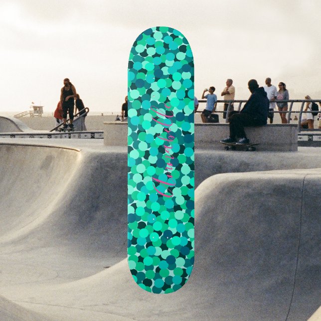 Teal Glitter Super Star Cute Skateboard (Teal Blue Sea Dotted Pattern - Glitter Magic - Custom Name - Modern Girly )