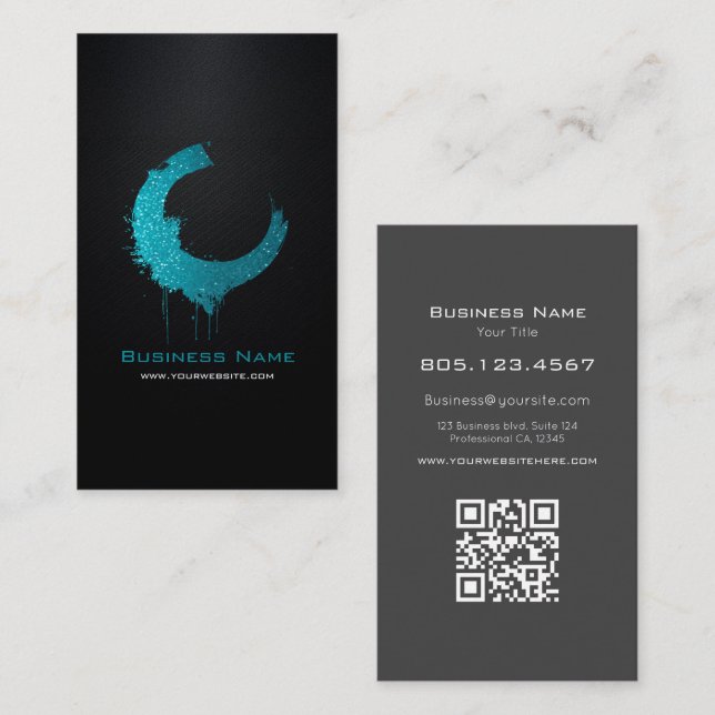 Teal Glitter Swirl • Custom Editable Black Carbon  Business Card (Front/Back)