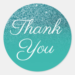 Teal Glitter Turquoise Gradient Thank You Classic Round Sticker