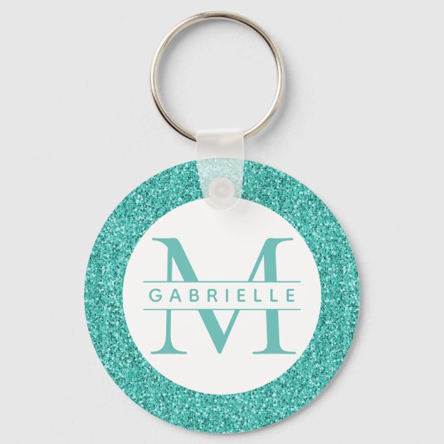 Teal Glitter Turquoise Monogram Keychain (Front)