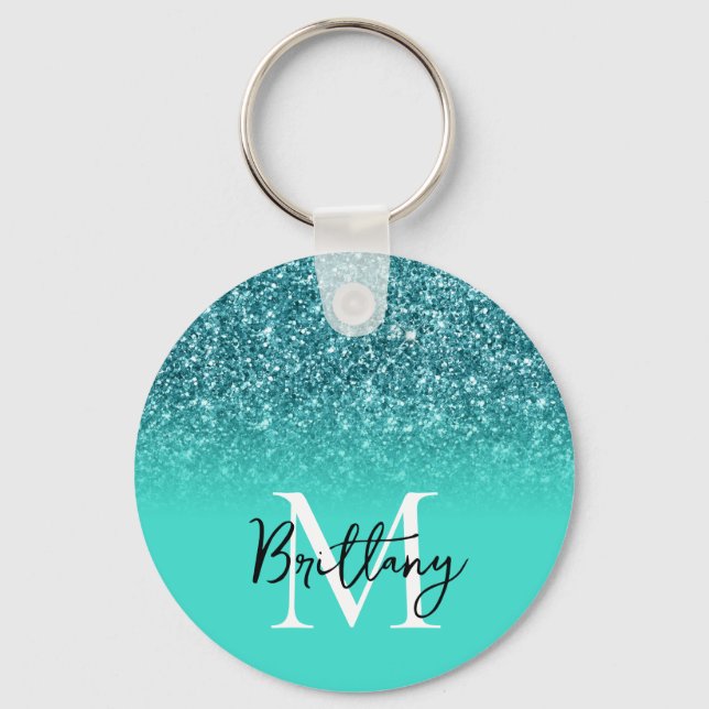 Teal Glitter Turquoise Ombre Monogrammed Key Ring (Front)