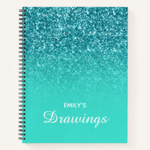 Teal Glitter Turquoise Ombre Personalised Drawing Notebook