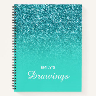 Teal Glitter Turquoise Ombre Personalised Drawing Notebook