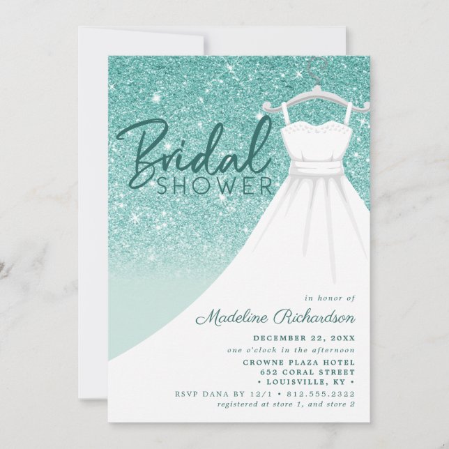 Teal Glitter Wedding Dress Chic Bridal Shower Invitation (Front)