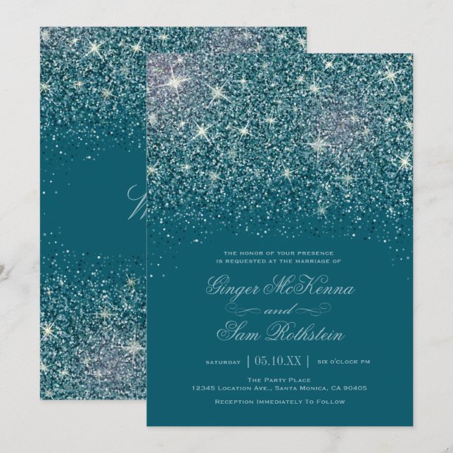 Teal Glitter Wedding Invitations (Front/Back)
