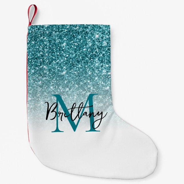 Teal Glitter White Ombre Monogrammed Small Christmas Stocking (Front)