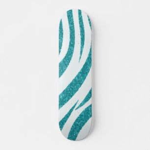 Teal Glitter Zebra Pattern on White Modern Design Skateboard