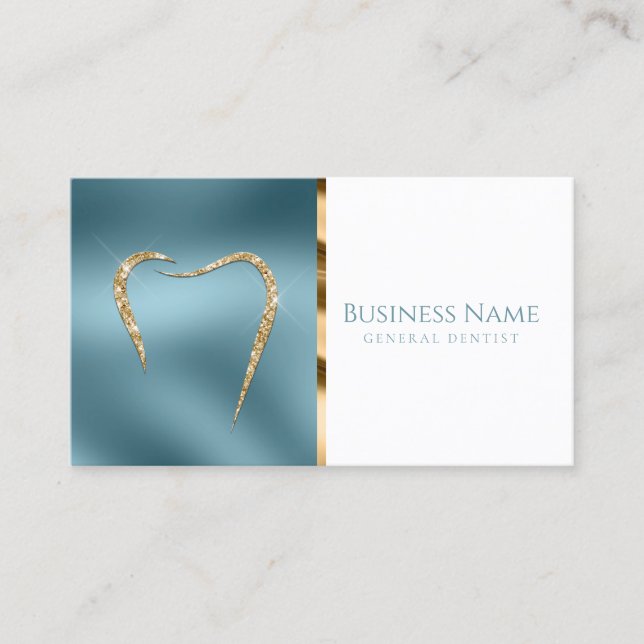 Teal & Glittery Gold Custom Dentist Business Card (Front)