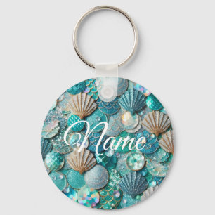 Teal Glittery Mermaid Print With Seashells Key Ring