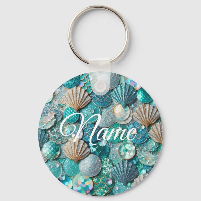 Teal Glittery Mermaid Print With Seashells Key Ring (Front)