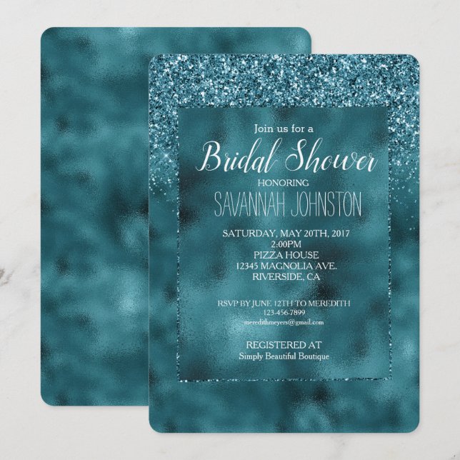 Teal Glitz Glitter Glam Sparkle Bridal Shower Invitation (Front/Back)