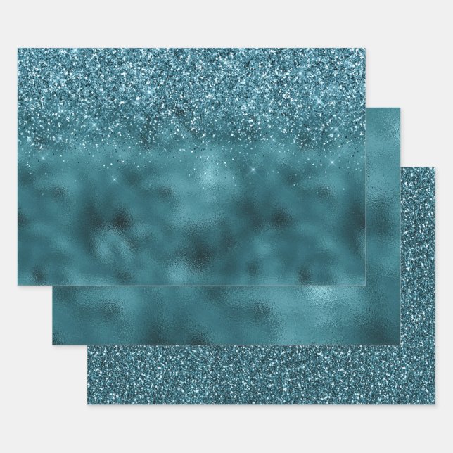 Teal Glitz Glitter Glam Wrapping Paper Sheet (Set)