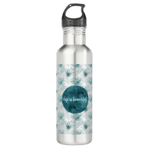 Teal Glitzy Glam Peacock Feathers 710 Ml Water Bottle