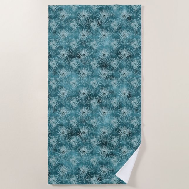 Teal Glitzy Glam Peacock Feathers Beach Towel (Front)