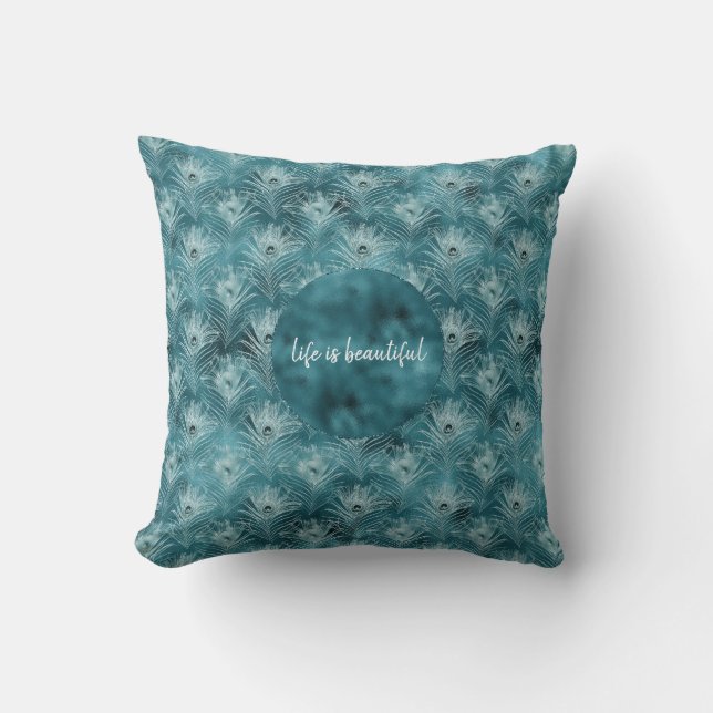 Teal Glitzy Glam Peacock Feathers Cushion (Front)