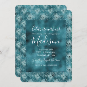 Teal Glitzy Glam Peacock Feathers Invitation
