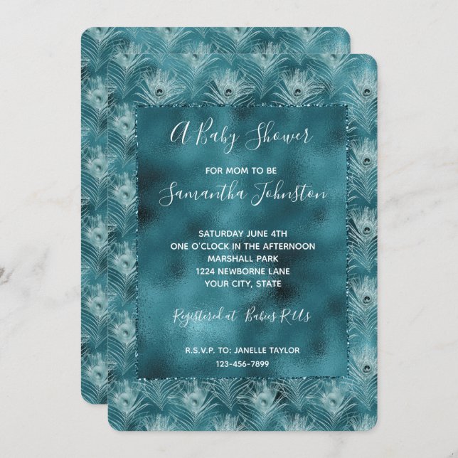 Teal Glitzy Glam Peacock Feathers Invitation (Front/Back)
