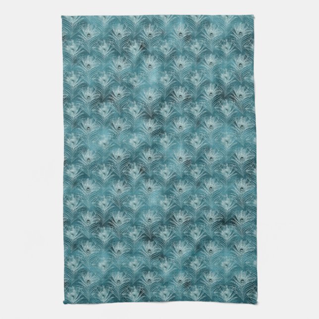 Teal Glitzy Glam Peacock Feathers Tea Towel (Vertical)