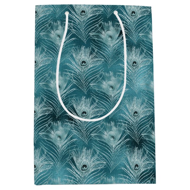 Teal Glitzy Peacock Feathers Medium Gift Bag (Front)