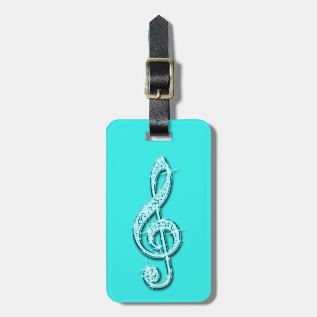 Teal Glitzy Sparkly Music Notes Luggage Tag (Front Vertical)