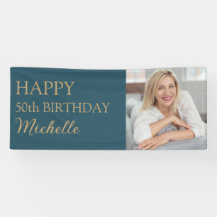 Teal Gold 50th Birthday Any Age Name Photo Banner