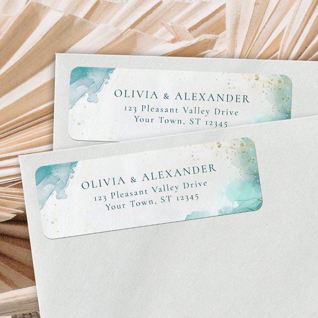 Teal Gold Abstract Beach Wedding Return Address (Creator Uploaded)