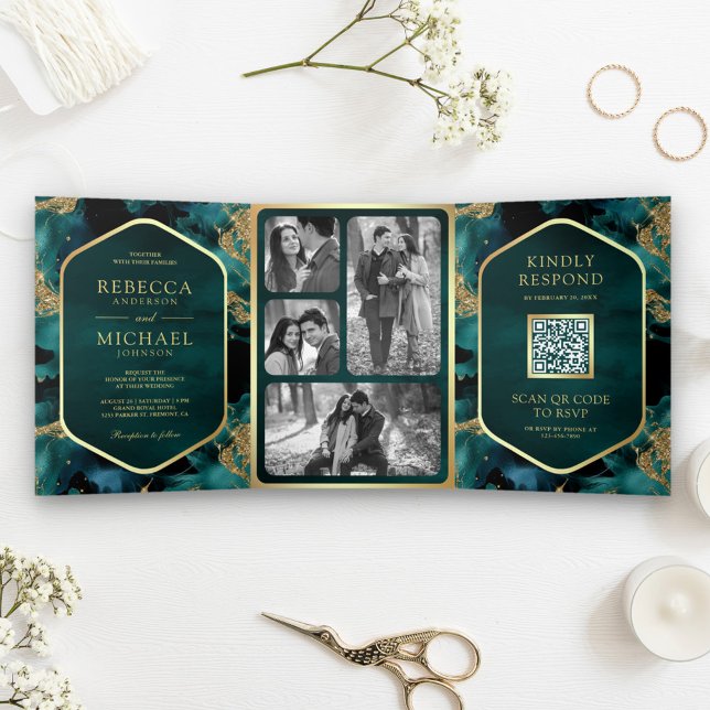 Teal Gold Abstract Fluid Ink QR Code Wedding Tri-Fold Invitation (Creator Uploaded)