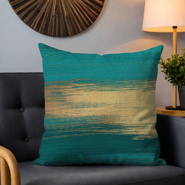Teal Gold Abstract Painterly Brushstrokes Cushion (Creator Uploaded)