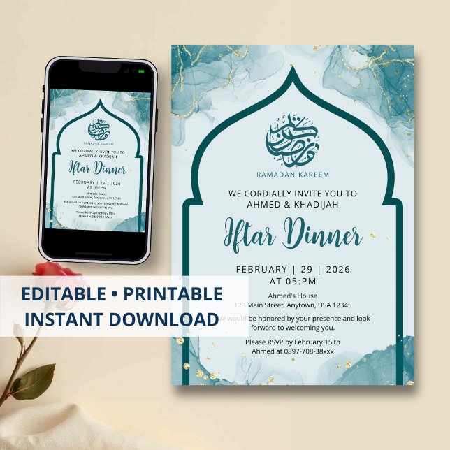 Teal Gold Abstract Ramadan Iftar Dinner Invitation (Creator Uploaded)