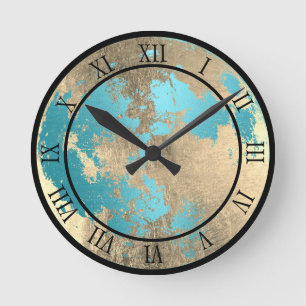 Teal & Gold Aesthetic Moon Lunar Round Clock