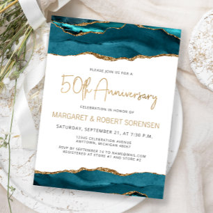 Teal Gold Agate 50th Anniversary Invitation Postcard