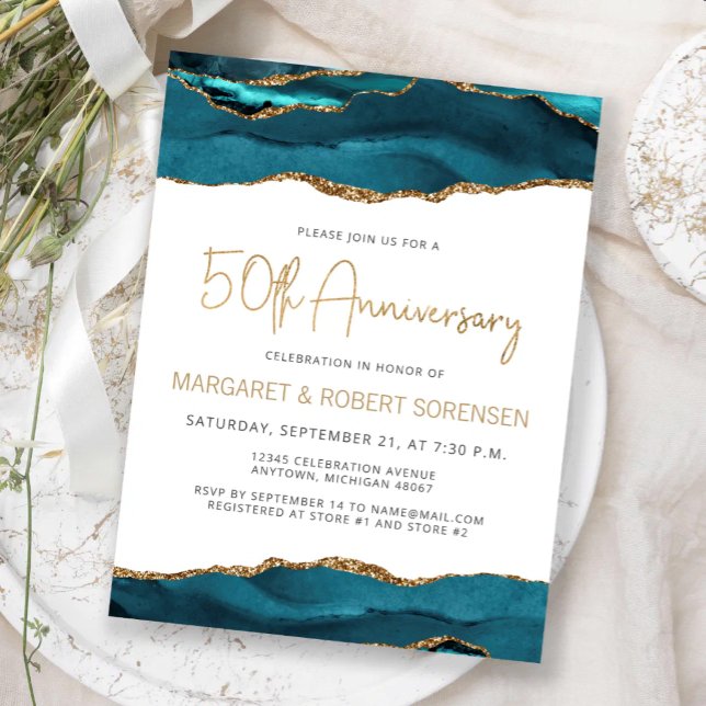 Teal Gold Agate 50th Anniversary Invitation Postcard (Creator Uploaded)
