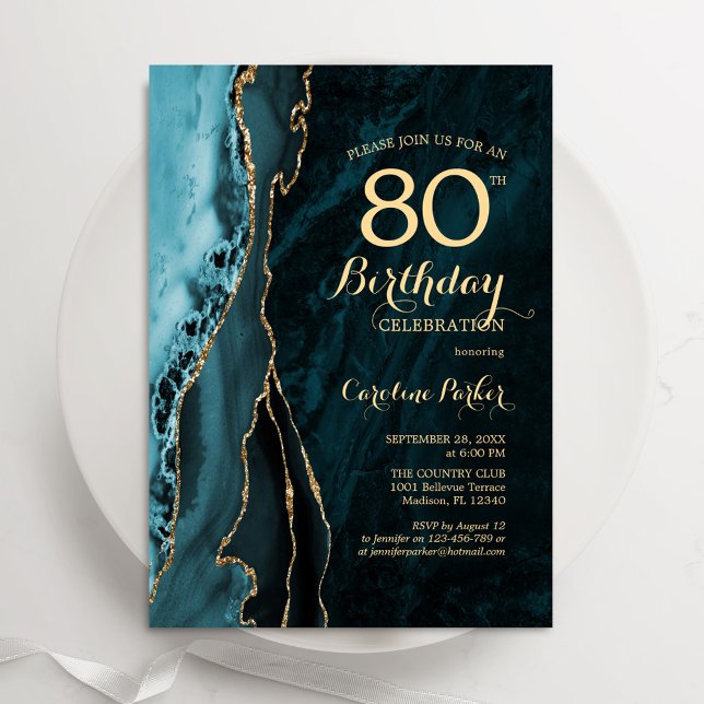Teal Gold Agate 80th Birthday Invitation (Creator Uploaded)