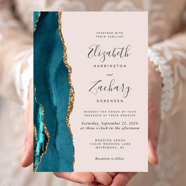 Teal Gold Agate Beige Wedding Invitation (Creator Uploaded)