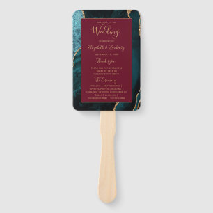 Teal Gold Agate Burgundy Wedding Program Hand Fan