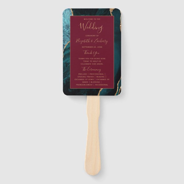 Teal Gold Agate Burgundy Wedding Program Hand Fan (Front)