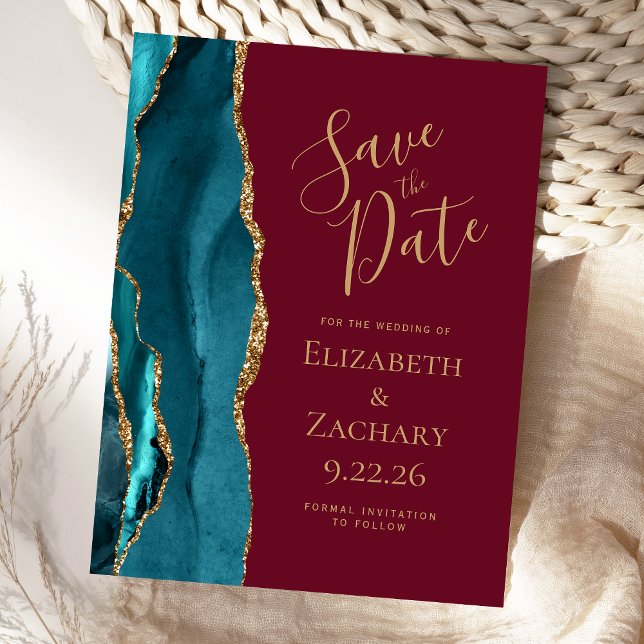 Teal Gold Agate Burgundy Wedding Save the Date Announcement Postcard (Creator Uploaded)
