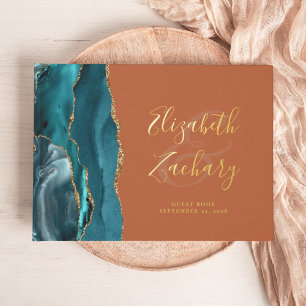 Teal Gold Agate Burnt Orange Script Guest Book