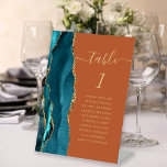 Teal Gold Agate Burnt Orange Wedding Table Number Pedestal Sign<br><div class="desc">The left-hand edge of this elegant modern wedding table number pedestal features a teal blue watercolor agate border trimmed with faux gold glitter. The word "table" appears in whimsical gold-coloured script on a burnt orange background. Add the names of your guests who are assigned to each table.</div>