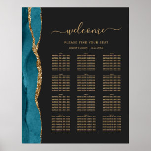 Teal Gold Agate Dark 12-Table Wedding Seating Poster