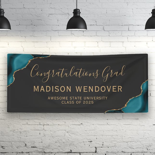 Teal Gold Agate Dark Congratulations Graduation Banner (Creator Uploaded)