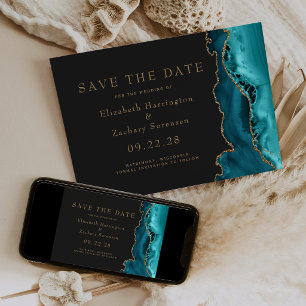 Teal Gold Agate Dark Save the Date Invitation
